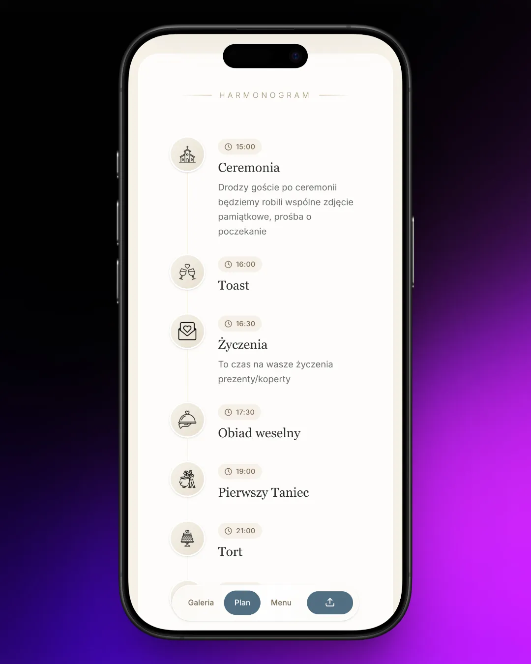 Wedding schedule on a phone