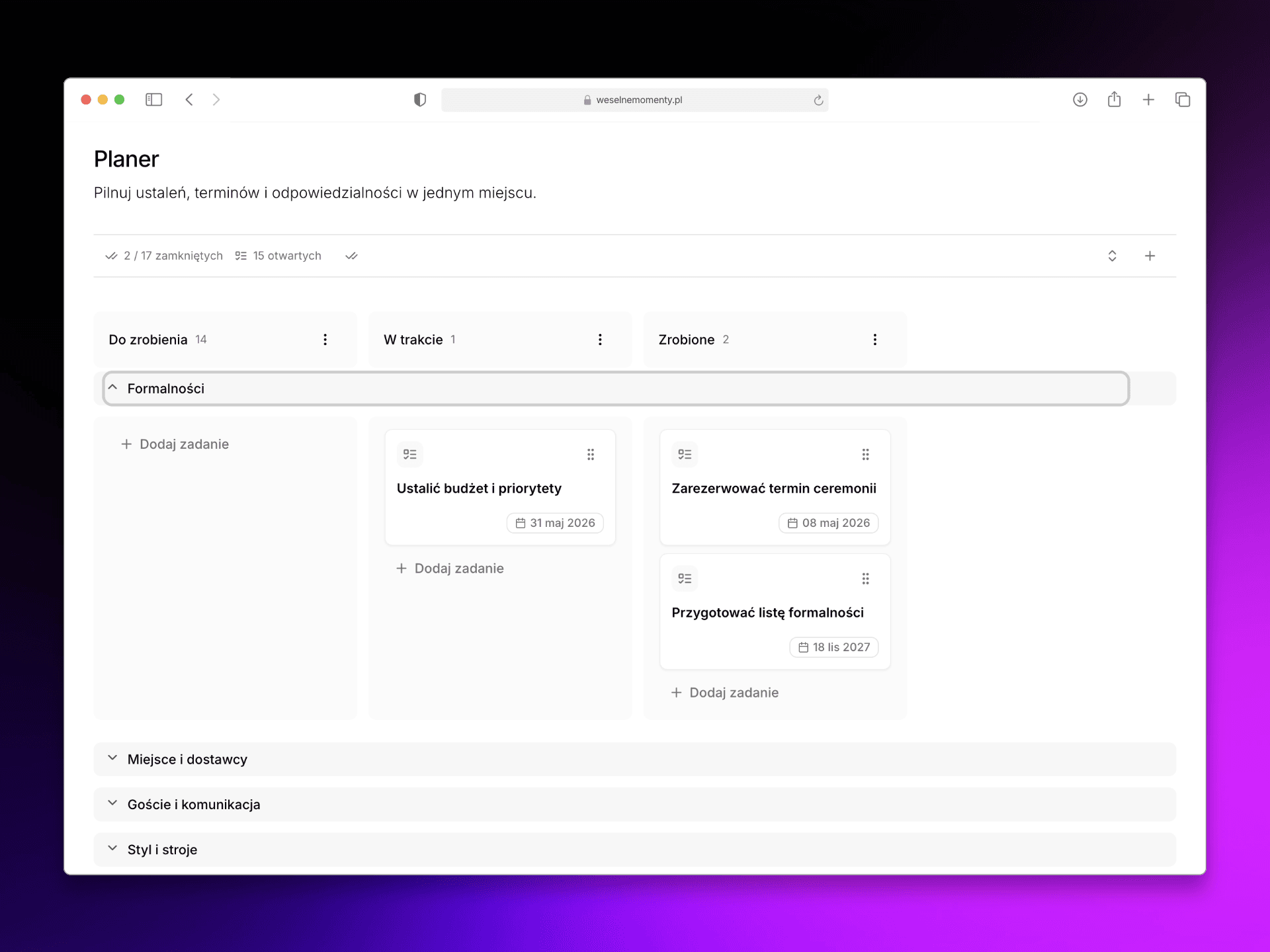 Screenshot of task planner in the dashboard