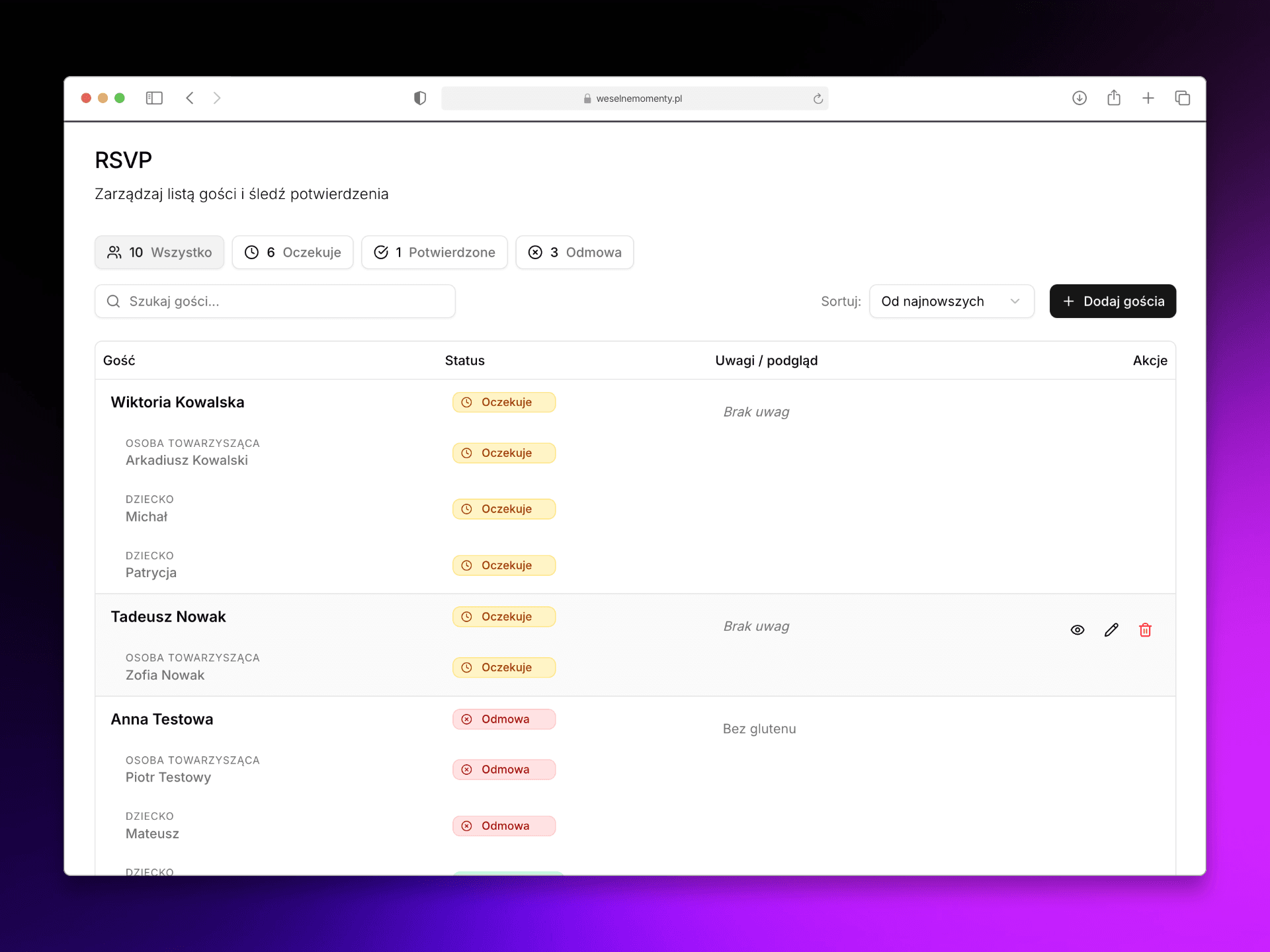 Screenshot of guest and RSVP manager in the dashboard